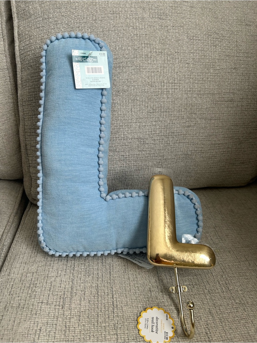 Blue Letter L Decorative Pillow with Pom Trim - Unbranded